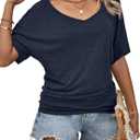 Hilinker Womens Sexy Off The Shoulder Tops Short Batwing Sleeve T Shirt Oversized Casual Tee Navy Blue Small (Blue, S)