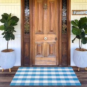 Spring Rugs Blue and White Plaid, 3'x5' Area Rug Outdoor Indoor Easter Front Porch Doormat Cotton Hand-Woven Layered Door Mats for Entryway Patio Entryway Laundry Bedroom Living Room