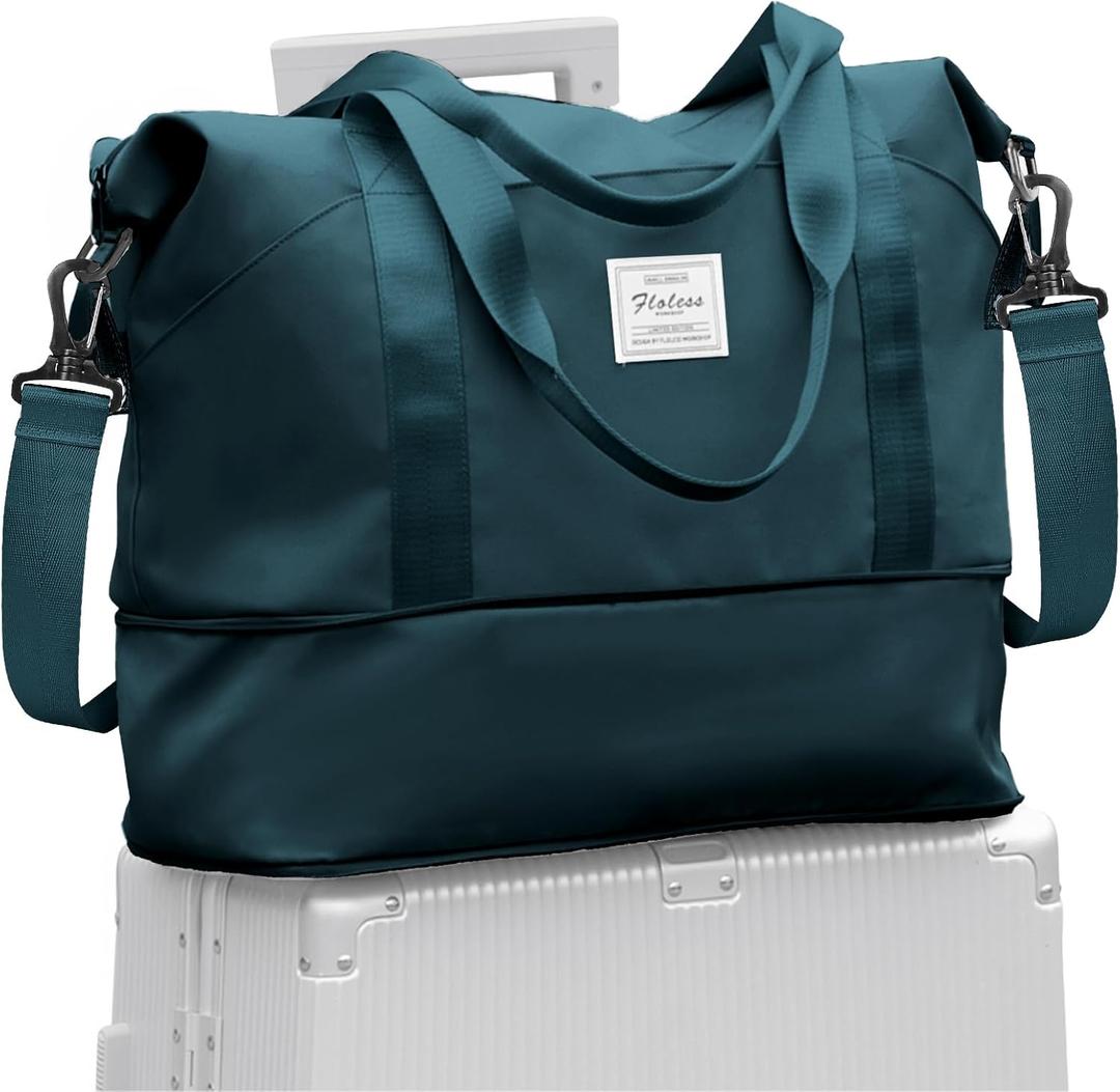 Travel Duffel Bag, Sports Tote Gym Bag, Shoulder Weekender Overnight Bag for Women (A6-peacock blue-expandable)