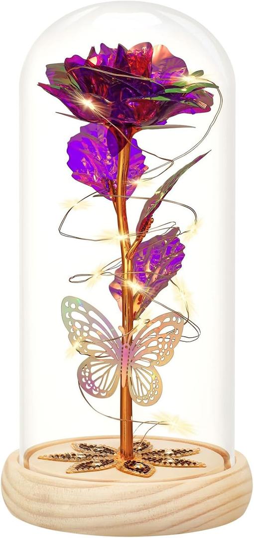 Bignes Galaxy Enchanted Rose Dome with Butterfly Birthday Gift for Woman Mothers Day Flowers Gift for Loved One Rose Flower Gift for Her Valentines Day (Purple Butterfly Roses)