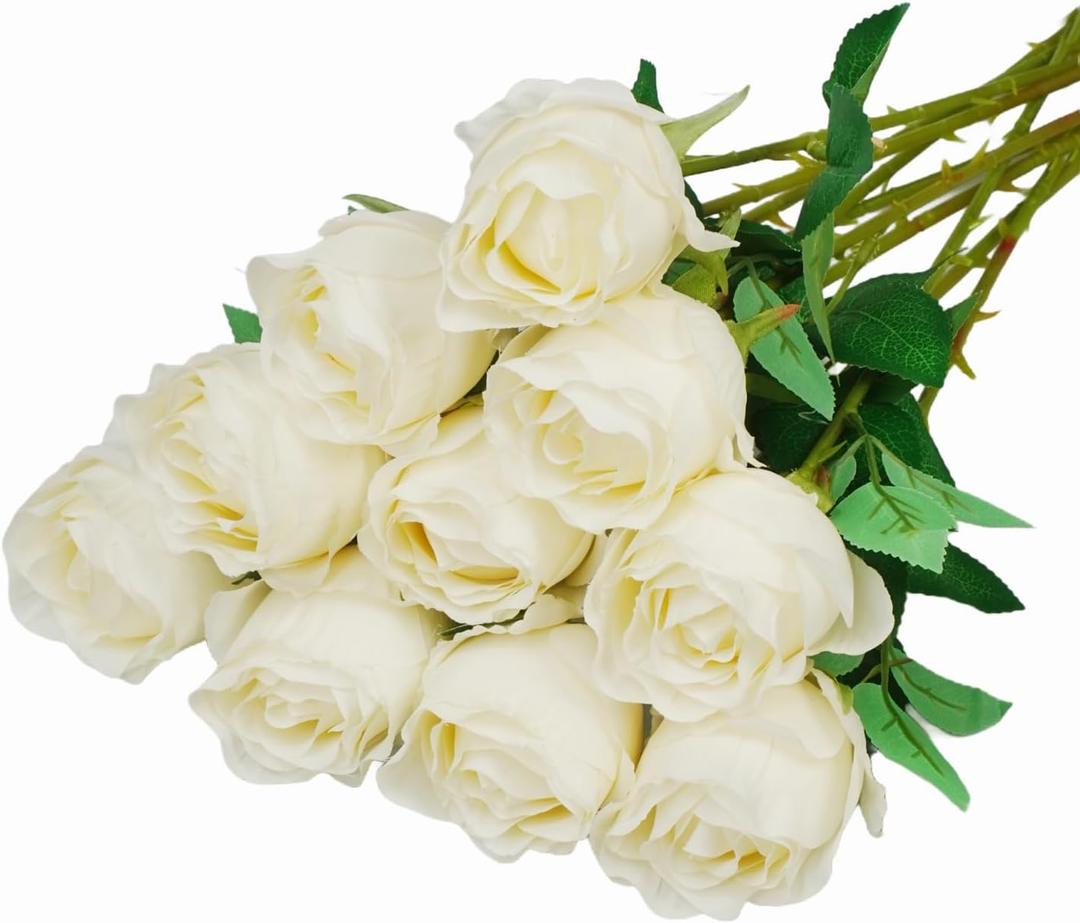 10pcs Artificial Silk Rose Flowers with Long Stem Real Looking Fake Roses for DIY Wedding Bouquet Table Centerpiece Faux White Roses for Bridal Shower Arrangements