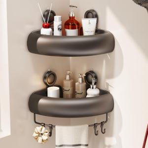 CICUFY Shower Caddy Suction Cup, 2 Pack No Drilling Corner Shower Shelves, Rust Proof Bathroom Storage Organizer, Shower Corner Caddy with Removable Hooks and Towel Bar, Triangle, Grey