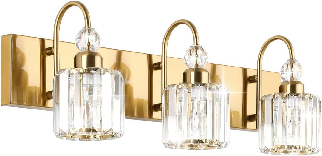 Ralbay Brass Gold Bathroom Vanity Lights 3-Lights Brass Gold Crystal Vanity Lights Over Mirror Modern Crystal Brass Gold Bathroom Vanity Lighting Fixtures (3-light, Round-Brass)