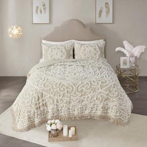 Madison Park Laetitia Lightweight 100% Cotton Quilt Set, Breathable Chenille Tufted, Shabby Chic Boho Medallion Design, Sham, Floral Taupe w/ Tassels, Full/Queen-2 Piece (Full/Queen, Laetitia Taupe Coverlet)