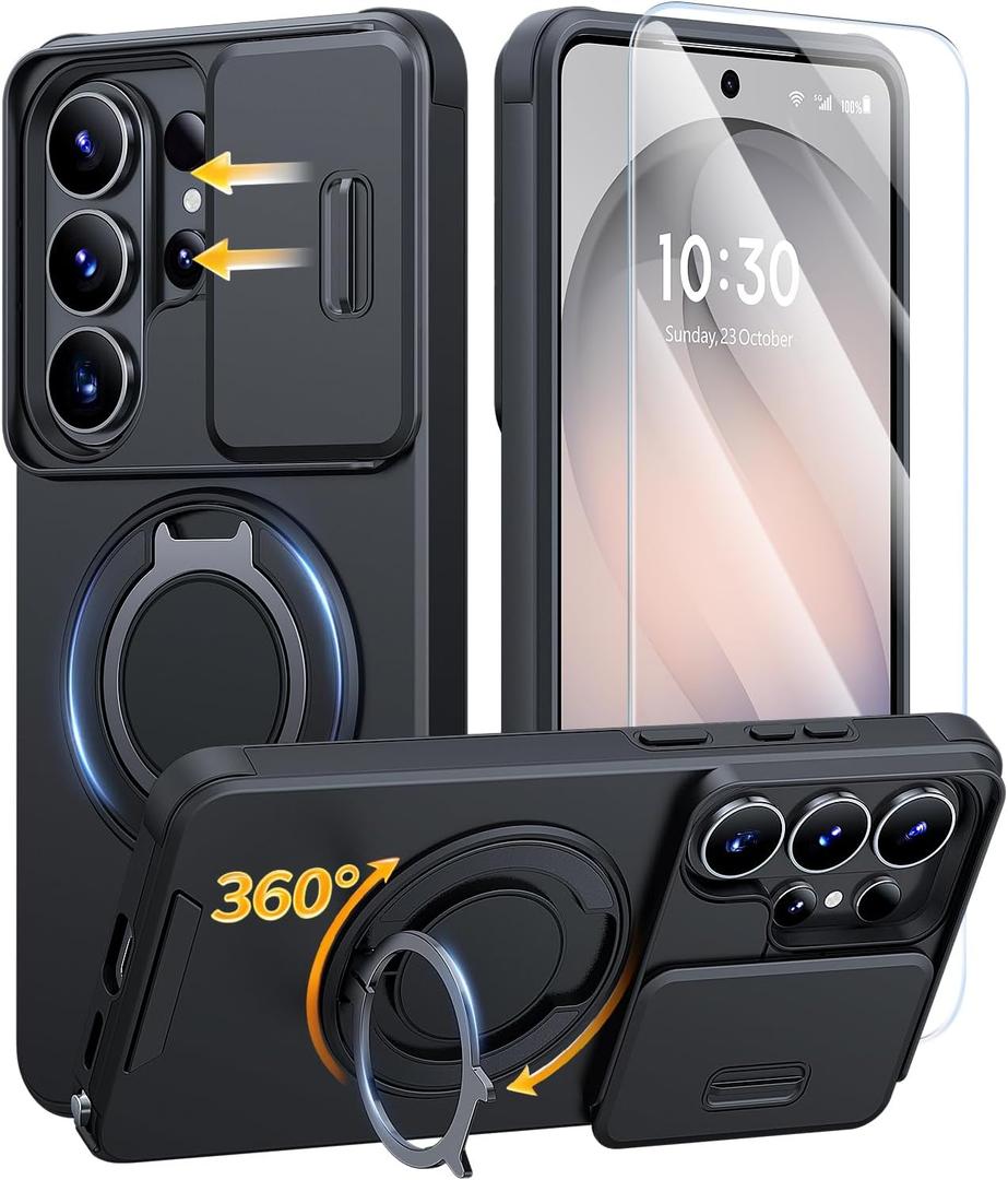 JAME for Samsung Galaxy S26 Ultra Case, Ring Holder Stand Kickstand, Slide Camera Cover with Screen Protector, Dual-Layer Shockproof Protective Magnetic Accessory Friendly S26 Ultra Phone Case, Black