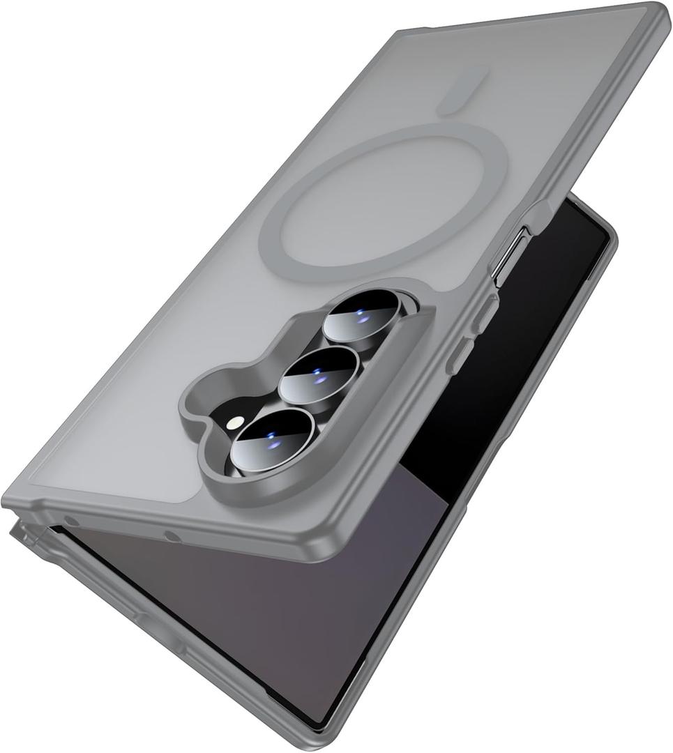 MAKAVO Magnetic for Samsung Galaxy Z Fold 7 Case [Compatible with MagSafe] Slim Translucent Matte Hard Back Cover & Soft Bumper, Fold7 Silicone Shockproof Phone Case, Titanium Gray