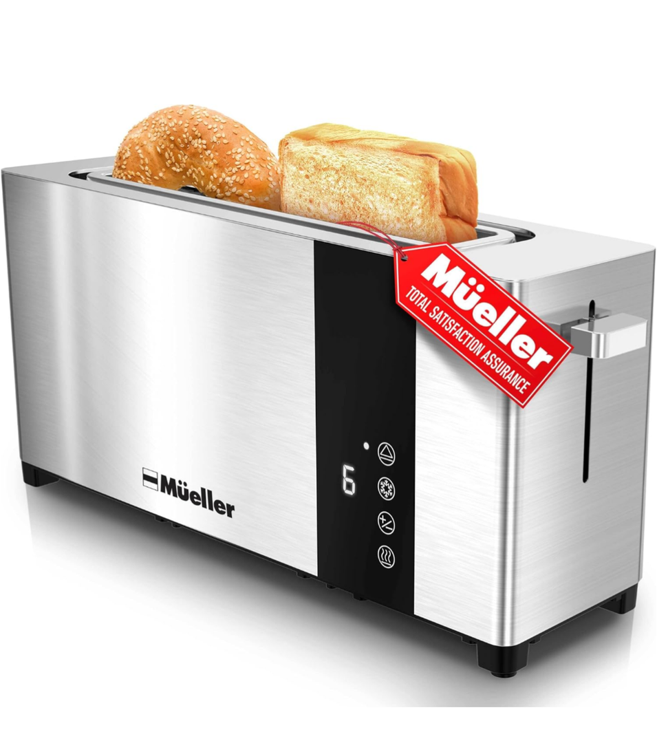 Mueller UltraToast Full Stainless Steel Toaster 2 Slice, Long Extra-Wide Slots with Removable Tray, Cancel/Defrost/Reheat Functions, 6 Browning Levels with LED Display, Housewarming Gifts New Home