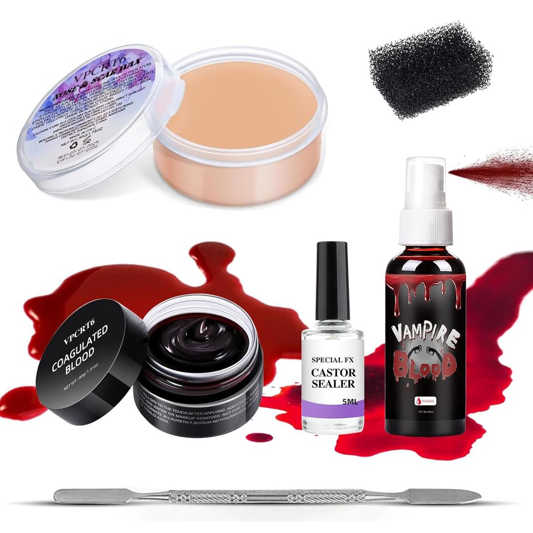 SFX Makeup Kit Scars Wax, Fake Blood Spray, Professional Scar Wax&Blood Effects Set with Coagulated Blood Gel&Spray, Metal Spatula, Sealer & Black Sponge for Realistic Halloween Zombie, Vampire Wound