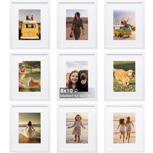 KINLINK 8x10 Picture Frame Set of 9, Wooden 10x8 Photo Frames with Plexiglass for 5x7 Pictures with Mat or 8x10 Without Mat, Art Collage for Wall Gallery and Tabletop Display, 8 x 10 Frame White
