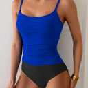 Women's One Piece Swimsuit Tummy Control Slimming Bathing Suit Color Block Ruched Swimwear (Medium, Royal Blue and Black)