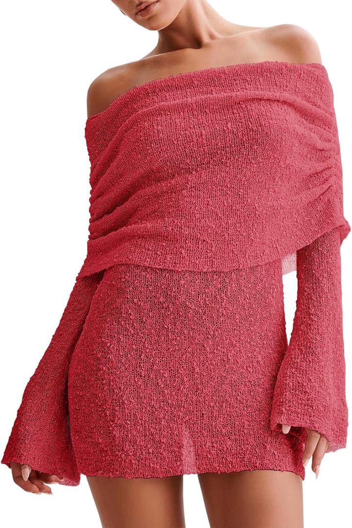 Imily Bela Womens Beach Swimsuit Cover Ups Summer Off The Shoulder Long Bell Sleeve Sheer Mini Dress (X-Small, Red)