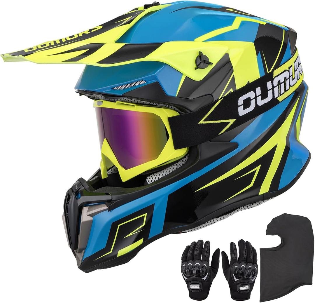 OUMURS Adult ATV Dirt Bike Helmet with Goggles Gloves & Mask Adjustable Sun Visor Motorcycle Adult Helmet Off-Road Motocross Downhill Moped MX for Unisex-Adult L