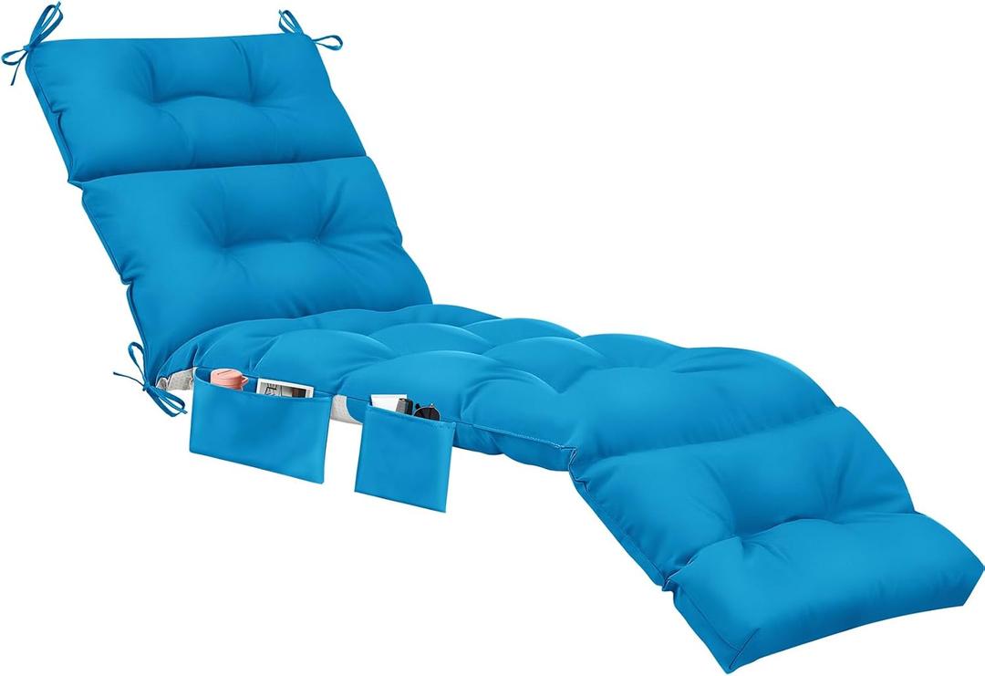 Kigley Outdoor Chaise Lounge Cushions with 3 Side Pocket 74.5 x 22 x 4.7 Inch Patio Chaise Lounge Cushion, Water-Repellent and Fade-Resistant Tufted Summer Replacement(2 Pcs,Blue,Solid Color)