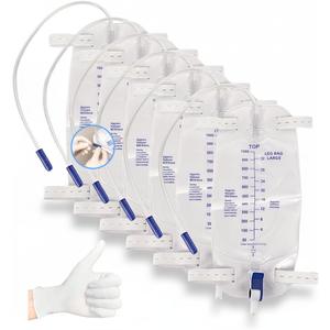 Leg Bag 1000mL/33.8oz Urinary Catheter for Men, WomenFoley Catheter Leg Bag Anti-Reflux Valve, Easy Flip Drain, 18" Tubing, Adjustable Leg Cloth Straps6-Pack with 6 Pairs Gloves (1/Bag)