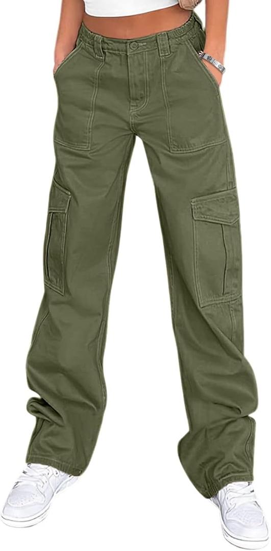 Lepunuo Cargo Pants for Women High Waisted Casual Pants Baggy Stretchy Wide Leg Y2K Streetwear with 6 Pockets (Medium, Army Green)