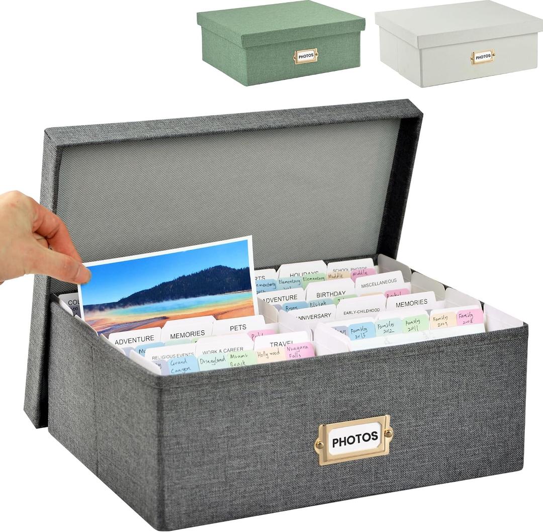 Linen Photo Storage Box with Dividers & 8 Sorting Bins, Holds 1700 4x6 Pictures, Memory Keepsake Organizer for Photos, Cards, Stamps, Scrapbook Supplies, Multi-Purpose Home Storage (Dark gray)