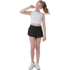 Flowy Shorts for Girls Butterfly Shorts for Kids Teens Preppy Tennis Running Athletic Shorts with Liner (10, Black)