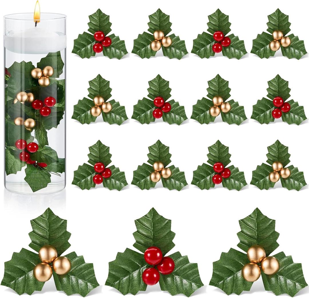 50 Pcs Christmas Holly Berries for Crafts Faux Berries Flowers and Holly Leaves Christmas Wreath Fillers for Vase Fillers Floating Candle Table Centerpiece(Red, Gold)