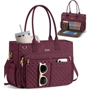Teacher Bags for Women, 15.6 inch Laptop Work Tote Bag Quilted Nurse Bible Computer Shoulder Bag for School Travel | Dream Tote Work Bag, with 40oz Cup Holder, Insulated Pocket, Zipper & Strap, Office Briefcase, Ideal Gift for Women (Burgundy)