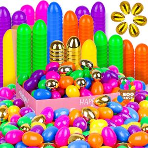 500 Pack Easter Eggs Bulk Include 12 Surprise Golden Eggs, 2.4 Inch Bright Colors Fillable Empty Plastic Easter Egg for Easter Hunt, Easter Basket Fillers, Easter Party Favors