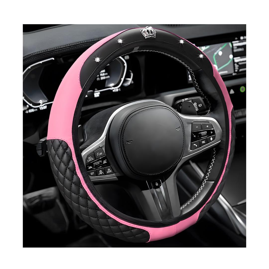 MUQIDA Bling Car Steering Wheel Cover, 15 Inch Non-Slip Elastic Leather Bling Diamond Steering Wheel Covers, Interior Sparkling Crystal Rhinestones Wheel Protector for Women Girls (Pink)