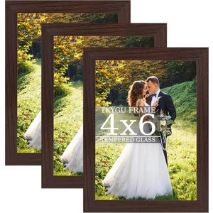 4x6 Picture Frames Brown Woodgrain,Made of Real Glass for 4x6 Rustic Frames Set of 3,Poster/Art Frames,Wall Tabletop Display Gallery Family Memorial Pic Frame Gift