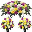 Wocst Cemetery Flowers for Grave,Headstone Flower Saddle 2sets Artificial 24 Heads Large Chrysanthemums Rose Daisy Bouquets with Cemetery Vases for Outdoor Grave Decorations (Purple Yellow, Large)