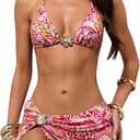Milumia Women's 2 Piece Leopard Swimsuits 3D Floral Halter Triangle Bikini Set with Cover Up Large