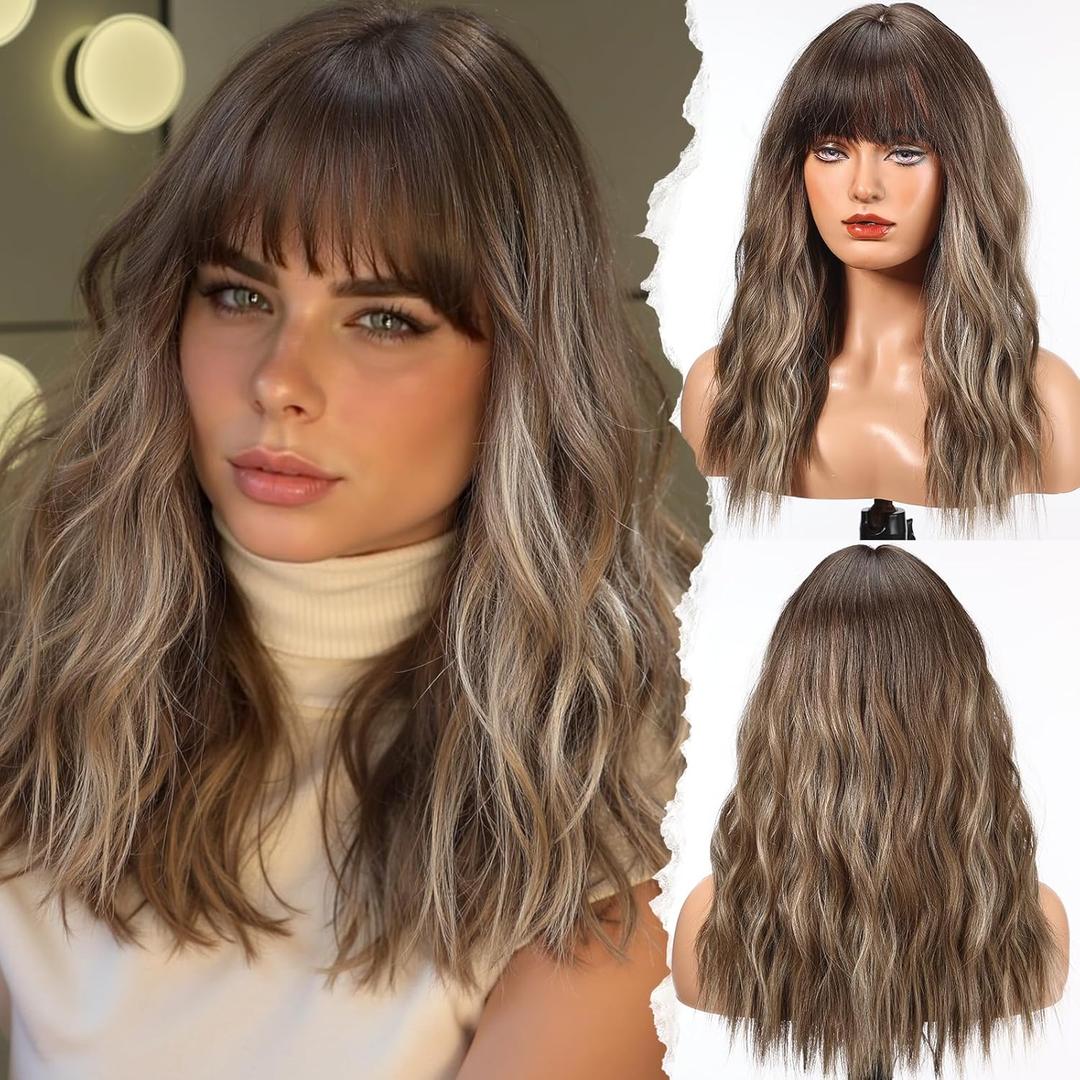 HAIRCUBE Long Wig with Bangs Synthetic Wavy Wigs for Women Mixed Brown Color
