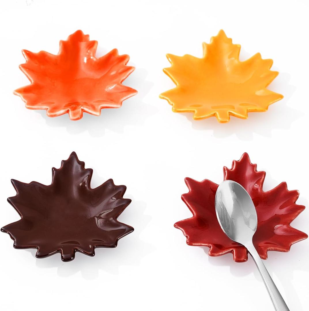 Whaline 4Pcs Mini Fall Spoon Rest Maple Leaves Ceramic Spoon Holder Fall Color Leaves Sauce Dishes Autumn Thanksgiving Coffee Spoon Holder Ring Dish for Stove Top Cooking Utensil Kitchen Office Decor