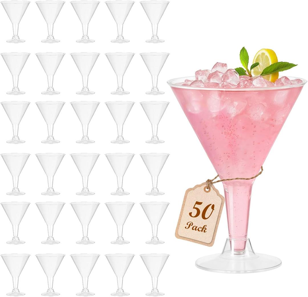 Plastic Martini Glasses Disposable 50 Pack, 6.32 oz Cocktail Cups Bulk for Parties, Poolside, Wedding, Drinking, Desserts, Appetizers, A Tini Bit Older Birthday, Outdoor - Clear with Detachable Stem