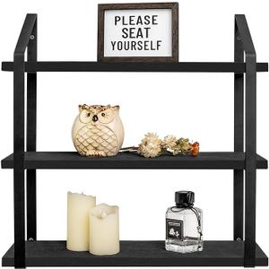 Floating Wall Shelves 3 Tier Rustic Hanging Shelf with Metal Bracket Wall Mount  Storage Display Shelves for Living Room Bathroom Bedroom Kitchen Office,Black