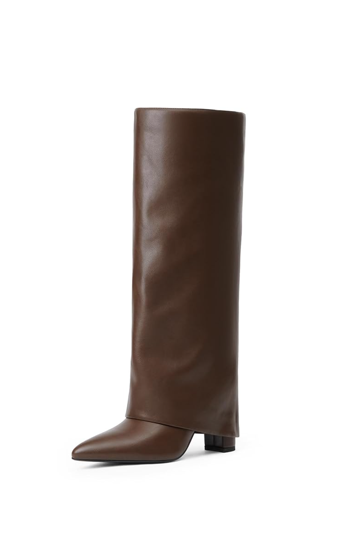 Modatope Knee High Boots Women Fold Over Knee High Boots Chunky High Heels Long Boots Zipper Pointed Toe Dress Tall Boots for Women Size 11