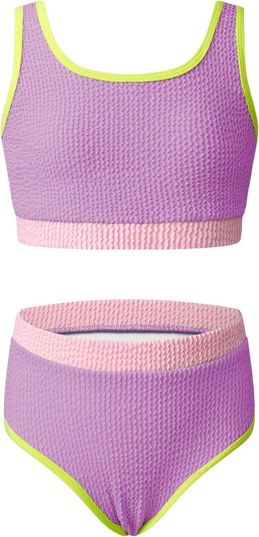 blibean Tween Girls Swimsuits Two Piece Colorblock Bikini Sets with Chest Pad, 14-15 Years