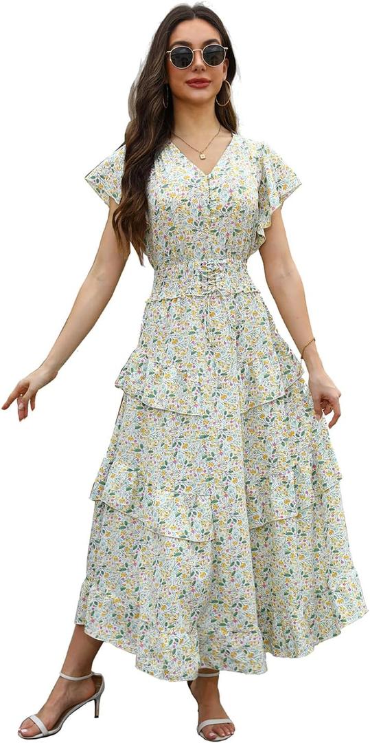Womens Summer Floral Dress 2026 V Neck Short Sleeve Chiffon Boho Flowy Beach Casual Maxi Long Dresses for Women Yellow Green (L)