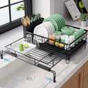 Kitsure Extendable Dish Drying Rack - Rust-Resistant Dish Racks for Kitchen Counter with Adjustable Support Legs, Cutlery Holder & Removable Draining Tray (Black, 15.6''-25.2''L  16.9''W  8.1''H)