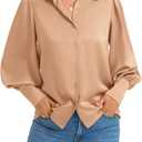 Women Satin Button Down Shirts Lantern Long Sleeve Silk Blouses Office Casual Business Silk Tops (X-Large, Khaki)