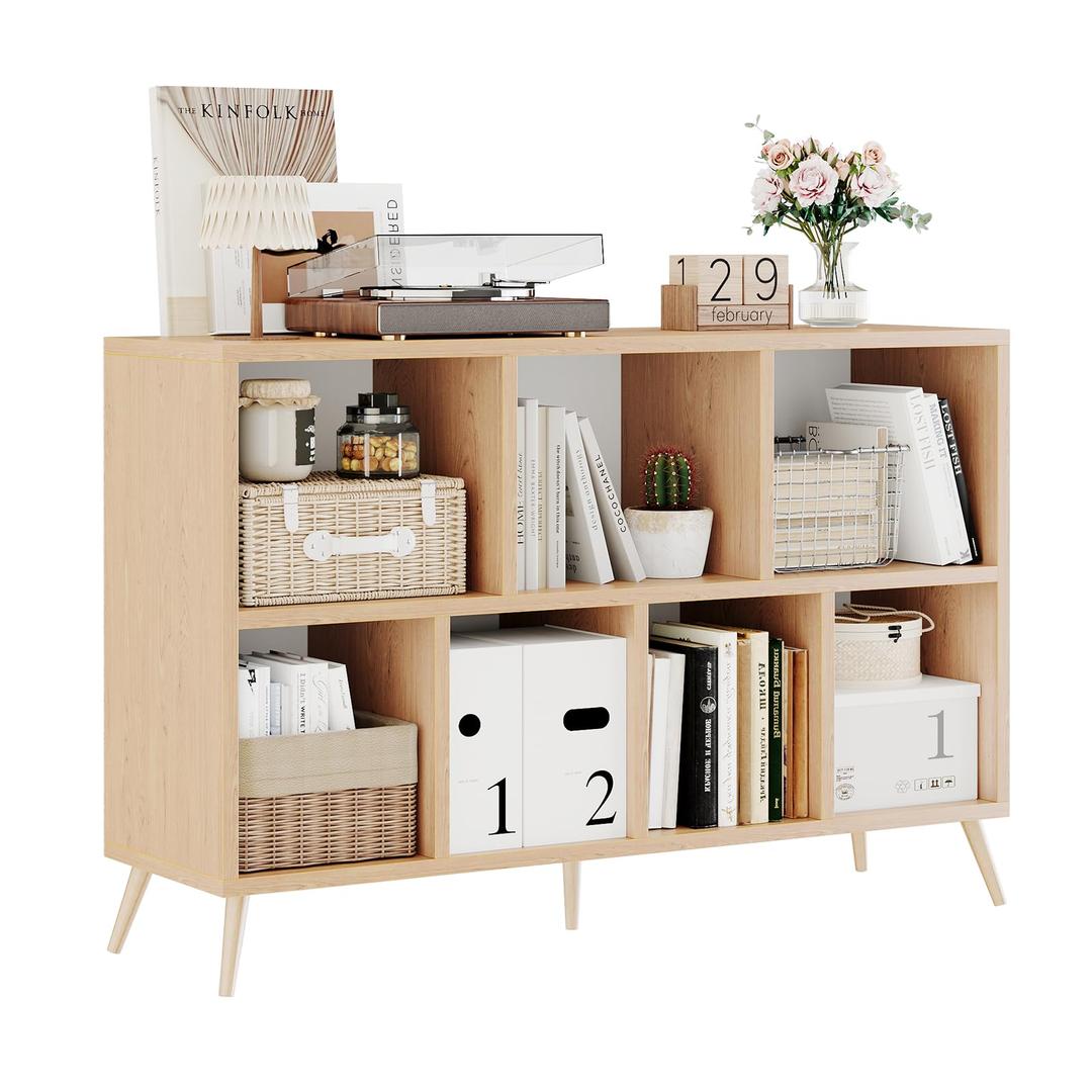 8 Cube Storage Organizer, Mid-Century Modern Wooden Bookcase with 5 Solid Wood Legs, Horizontal Cubby Bookshelf Fits 11 Inch Bins, Versatile Console TV Stand for Living Room, Kids Room, Natural
