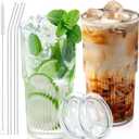 Luiaiog 18.5oz Glass Cups with Lids and Straws - Set of 2 Reusable Tumblers, Thickened Shatter-Resistant Glass, Ideal for Iced Coffee, Smoothies, Cocktails, Juices - Elegant & Durable Drinkware