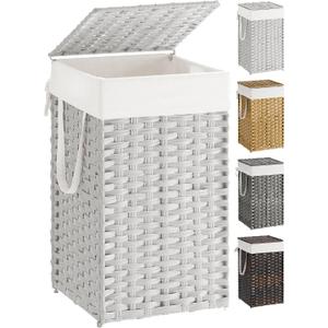 SONGMICS Laundry Hamper with Lid, 17.2 Gallon (65 L) Synthetic Rattan Clothes Laundry Basket with Lid and Handles, Foldable, Removable Liner, Cloud White ULCB165W01