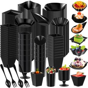 Tessco for you 1600 Pcs Mini Appetizer Plates Dessert Cups with Spoons Forks Set Assorted Shape Plastic Parfait Cups Dessert Plates Container Bowls with Disposable Spoon Fork for Party(Black)