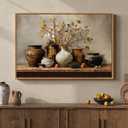 Framed Vintage Floral Pottery Kitchen Wall Art, Farmhouse Rustic Still Life Neutral Canvas Artwork for Walls, Retro Vase Flower Painting Print for Dining Room Bedroom Living Room Wall Decor, 36x24 In