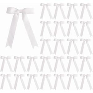 30 Pcs 5 x 7 Inch White Grosgrain Ribbon Bows with Twist Tie Gift Bows for Gift Wrapping, Crafts, Parties (White,Width of 1")