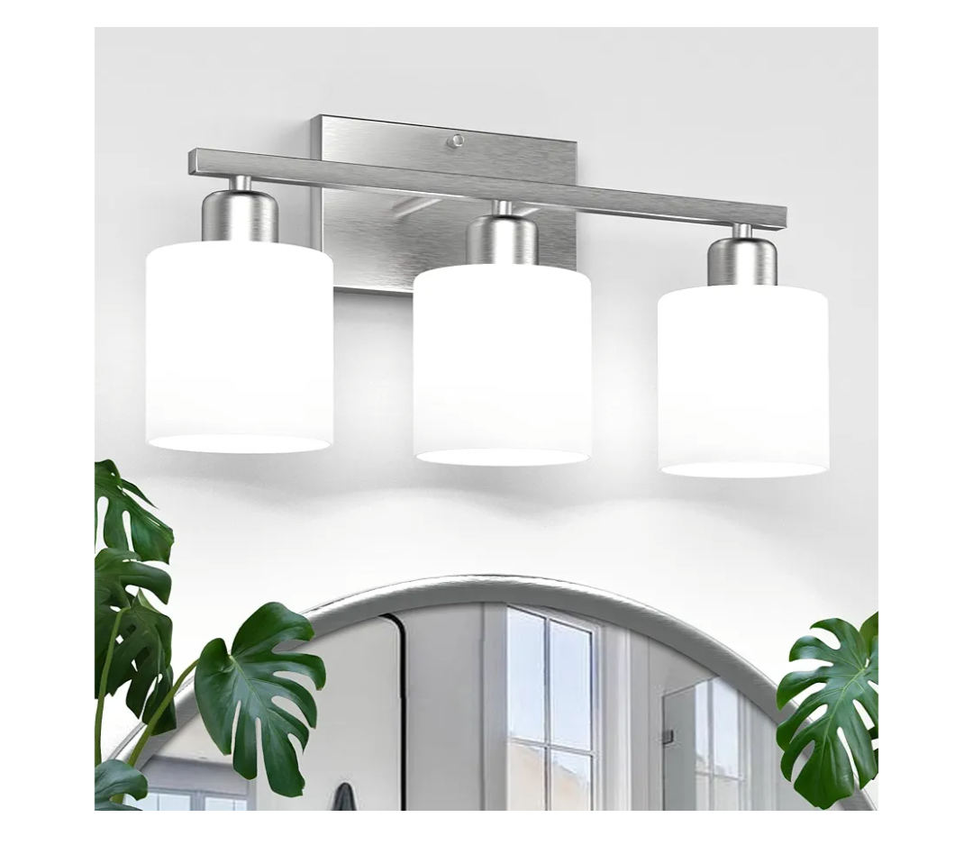 Bathroom Light Fixtures Over Mirror Brushed Nickel, Rustproof 3-Light Bathroom Vanity Lights, 18 Inches Modern Wall Sconces E26 Base, Milky White Glass Shades, Bulbs Not Included