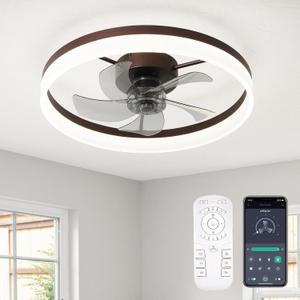 Ceiling Fans with Lights, 20" Coffee Brown Flush Mount Ceiling Fan with Remote, 6-Speed Low Profile Smart Fan for Bedroom, Kitchen, Kids Room, Small Room