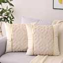 Gujiahone Decorative Pillow Cover 18 x 18 Inch Set of 2 Soft Plush Short Faux Wool Velvet Patchwork with Gold Leather Luxury Modern Cushion Cases for Couch Living Room Bedroom (Beige)