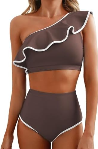 Herseas Women's One Shoulder Bikini Sets Color Block Trim Ruffle Hem Swimsuits Elegant Bathing Suits, Small