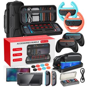 Switch 2 Accessories Bundle, 20 in 1 Game Kits, Hard Shell Carrying Case, Switch 2 Controller Charger, Screen Protector,Grips for Joy Con,Steering Wheels for Mario Kart, Clear Protective Cover CaseGift Pack (Carbon Black, Switch 2 7.9 Inch)
