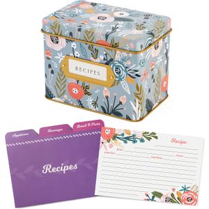 Jot & Mark Recipe Card Gift Box, Mother's Day 25 4x6 inch Cards Gifts, 14 Dividers, Decorative Tin Box - Recipe Tin