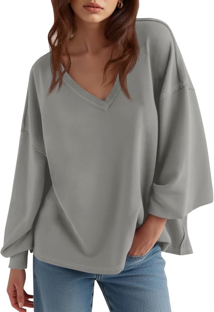 Fisoew Womens Oversized Sweatshirts Casual Deep V Neck Lantern Long Sleeve Fall Pullover Tops (Gray)